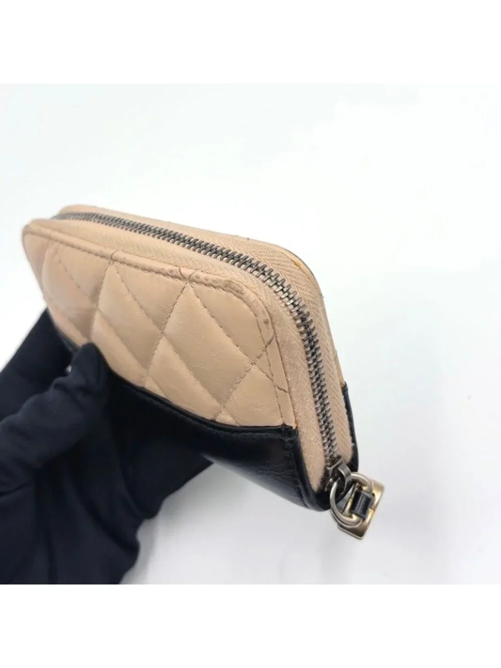 Chanel Gabrielle Leather Black Beige Coin Purse Silver